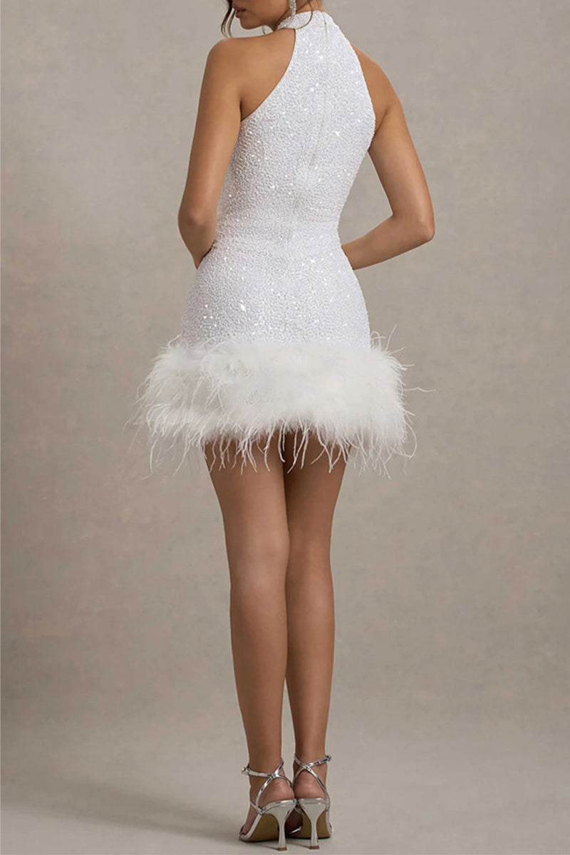 Vestidos de noche sexys con lentejuelas, cremallera y dobladillo de plumas, estilo halter