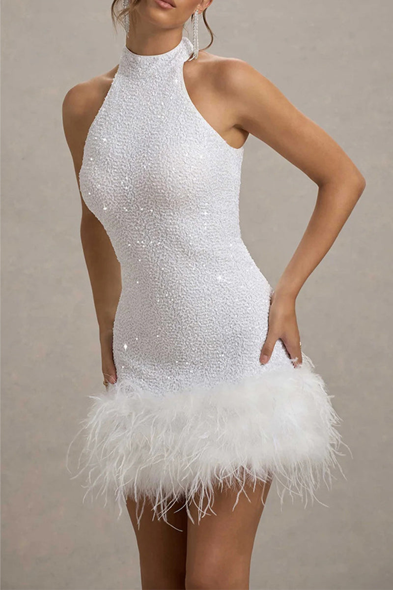 Vestidos de noche sexys con lentejuelas, cremallera y dobladillo de plumas, estilo halter