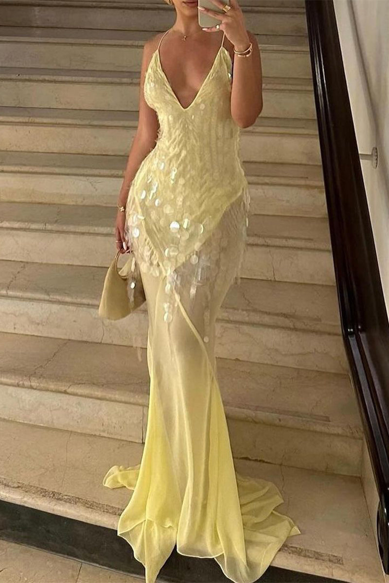 Vestidos de fiesta sexys con flecos, lentejuelas y espalda descubierta, cola de pez y cuello en V