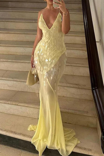 Vestidos de fiesta sexys con flecos, lentejuelas y espalda descubierta, cola de pez y cuello en V