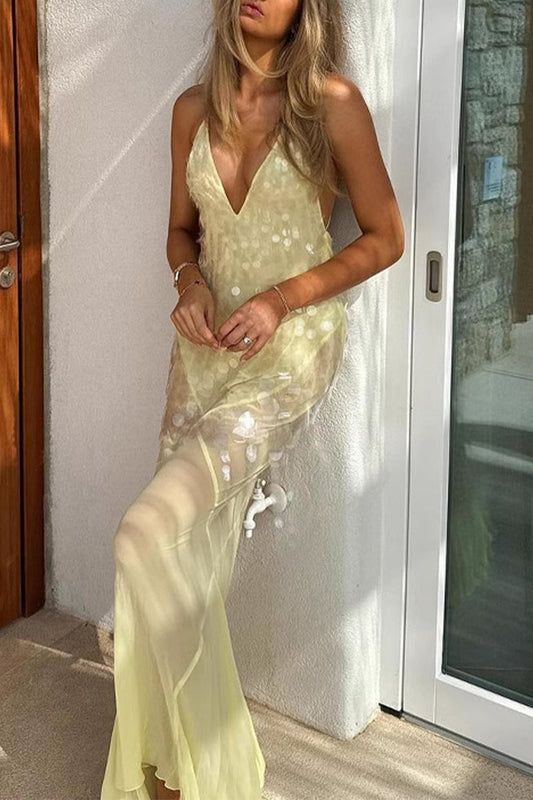 Vestidos de fiesta sexys con flecos, lentejuelas y espalda descubierta, cola de pez y cuello en V