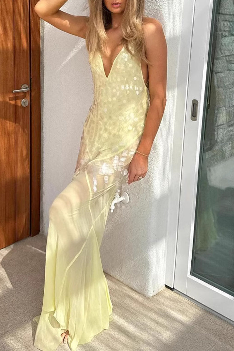 Vestidos de fiesta sexys con flecos, lentejuelas y espalda descubierta, cola de pez y cuello en V