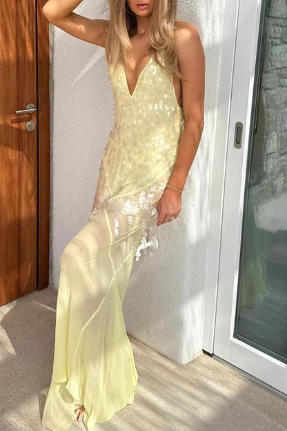 Vestidos de fiesta sexys con flecos, lentejuelas y espalda descubierta, cola de pez y cuello en V