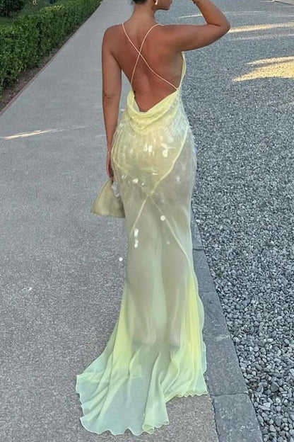 Vestidos de fiesta sexys con flecos, lentejuelas y espalda descubierta, cola de pez y cuello en V