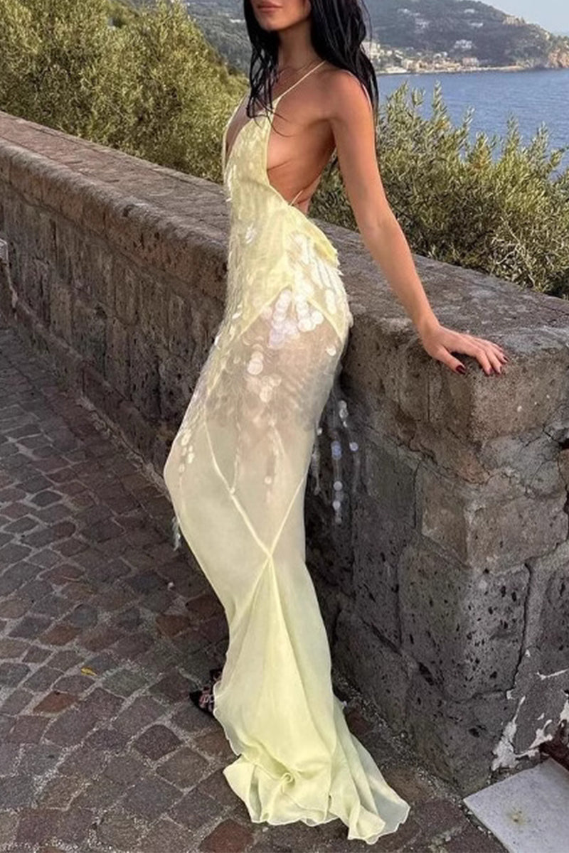 Vestidos de fiesta sexys con flecos, lentejuelas y espalda descubierta, cola de pez y cuello en V