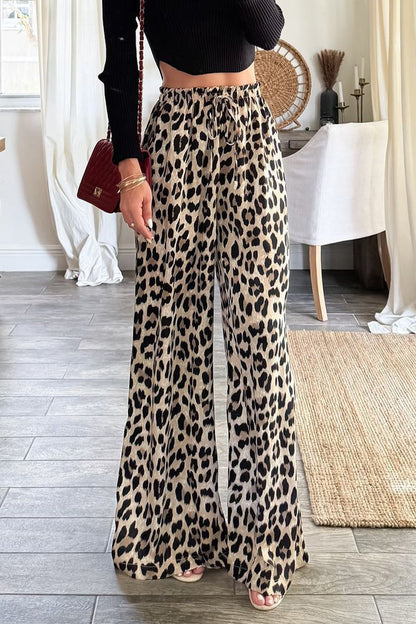 Pantalones casuales de cintura alta, holgados, con bolsillos de leopardo, con cordones y pierna ancha, estampado completo