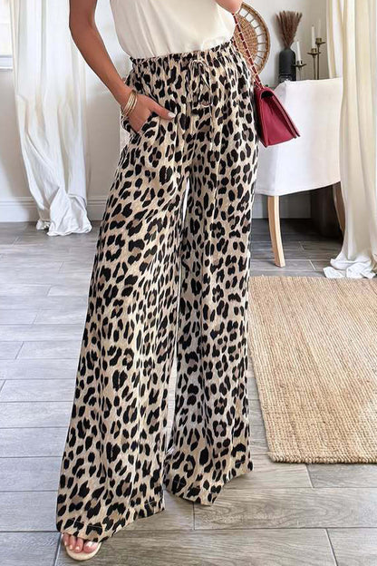 Pantalones casuales de cintura alta, holgados, con bolsillos de leopardo, con cordones y pierna ancha, estampado completo
