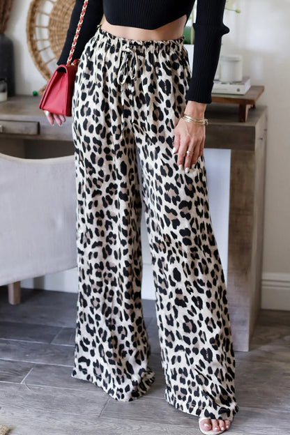 Pantalones casuales de cintura alta, holgados, con bolsillos de leopardo, con cordones y pierna ancha, estampado completo