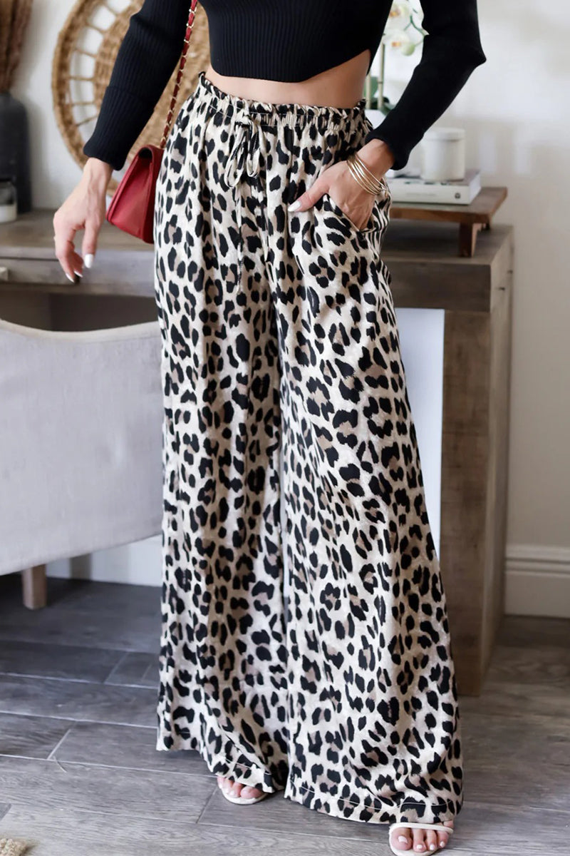 Pantalones casuales de cintura alta, holgados, con bolsillos de leopardo, con cordones y pierna ancha, estampado completo