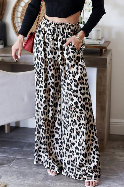 Pantalones casuales de cintura alta, holgados, con bolsillos de leopardo, con cordones y pierna ancha, estampado completo
