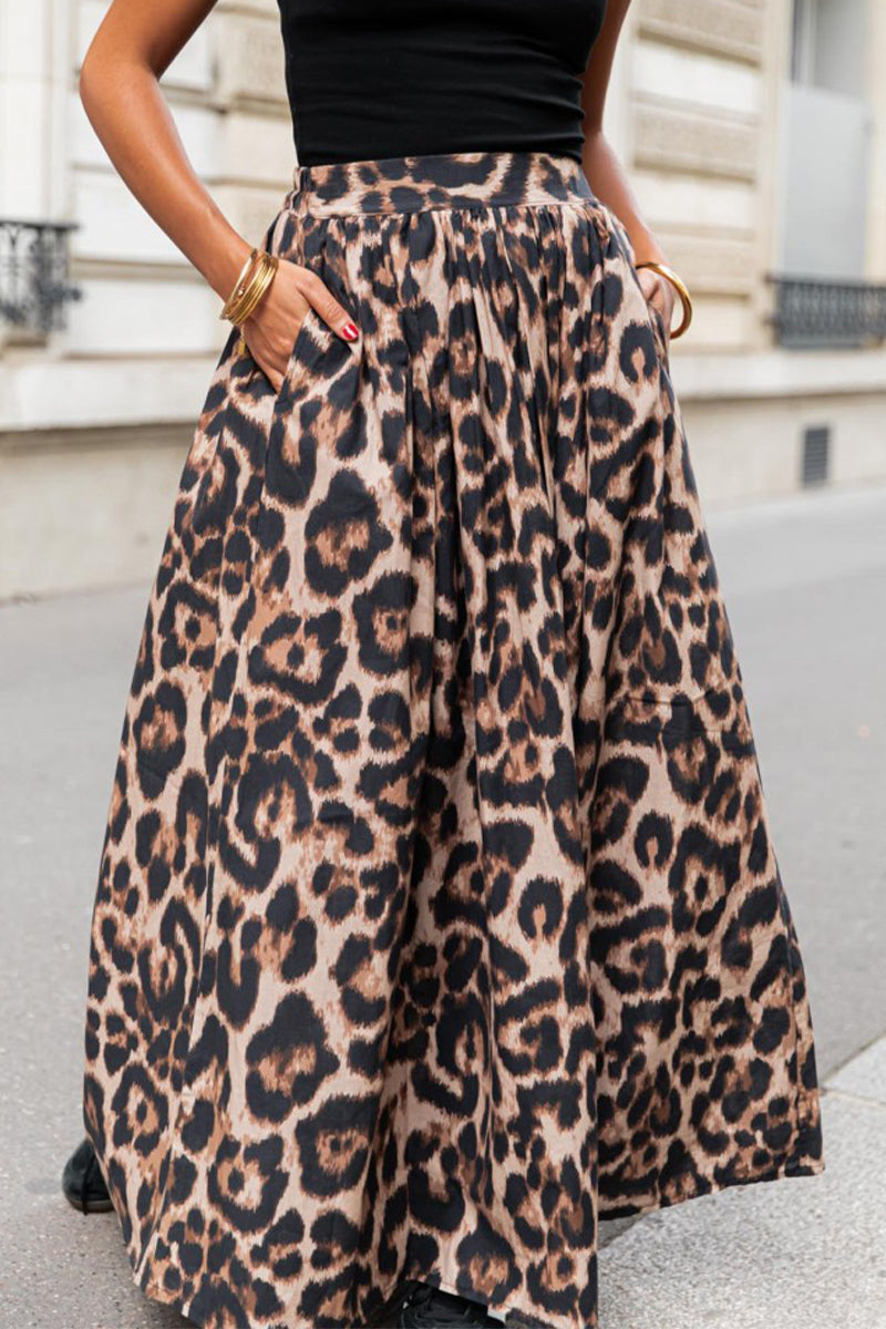 Pantalones casuales holgados de cintura alta con bolsillo de leopardo tipo A con estampado completo