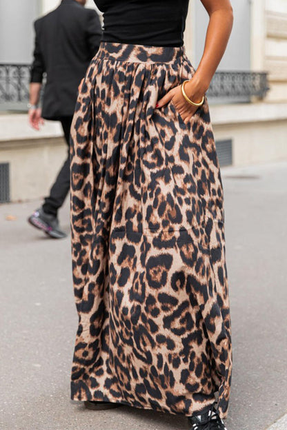 Pantalones casuales holgados de cintura alta con bolsillo de leopardo tipo A con estampado completo