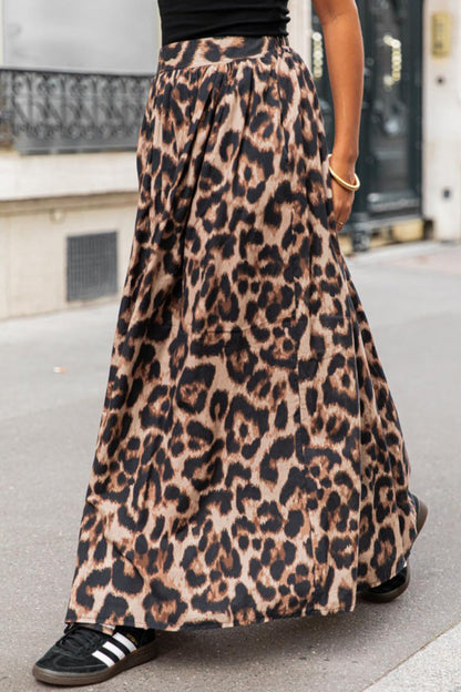 Pantalones casuales holgados de cintura alta con bolsillo de leopardo tipo A con estampado completo