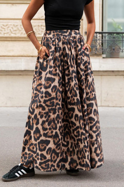 Pantalones casuales holgados de cintura alta con bolsillo de leopardo tipo A con estampado completo