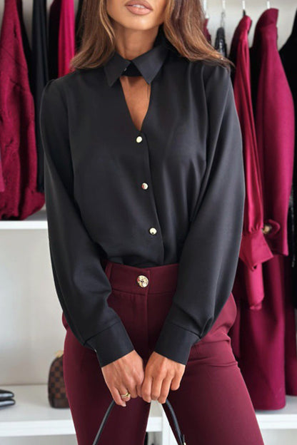 Blusa elegante con botones calados y cuello vuelto (3 colores)
