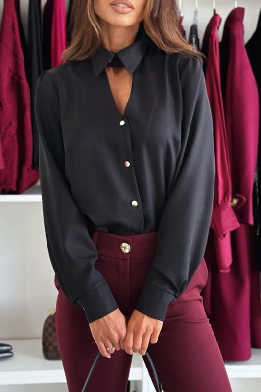 Blusa elegante con botones calados y cuello vuelto (3 colores)