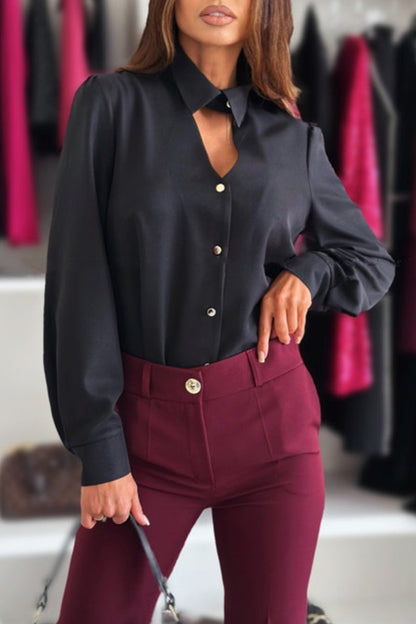 Blusa elegante con botones calados y cuello vuelto (3 colores)