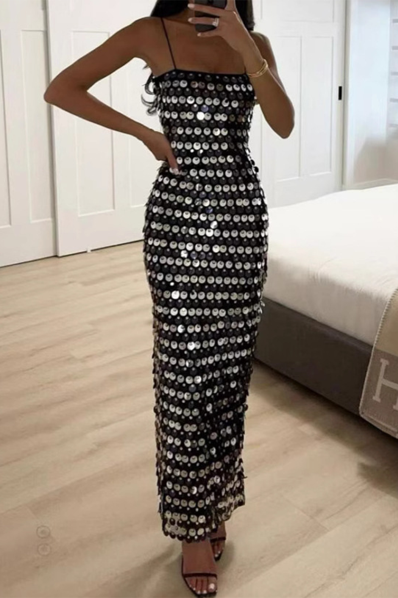 Vestidos sexis de lentejuelas con patchwork y escote cuadrado con falda de un solo paso
