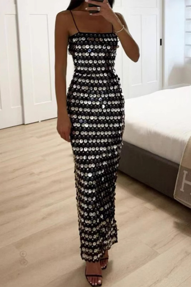 Vestidos sexis de lentejuelas con patchwork y escote cuadrado con falda de un solo paso