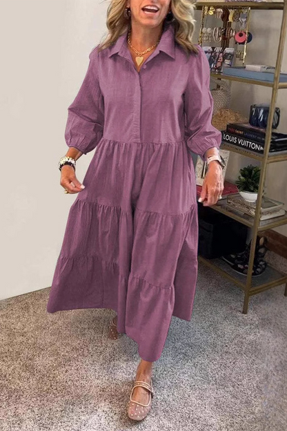 Vestidos casuales de corte A con cuello vuelto, volantes y botones de color liso