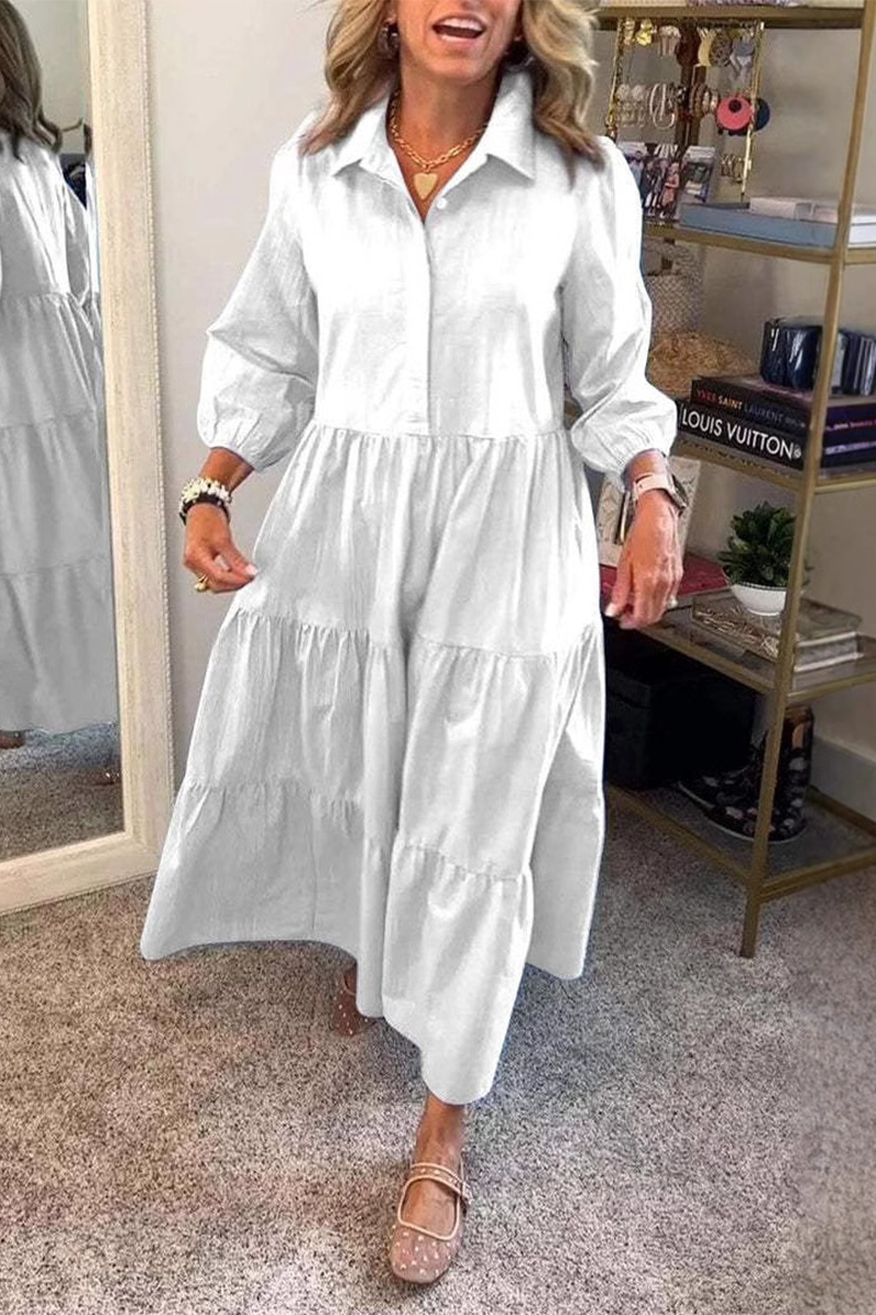 Vestidos casuales de corte A con cuello vuelto, volantes y botones de color liso
