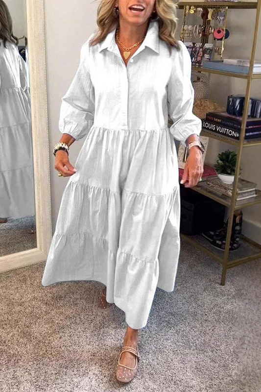 Vestidos casuales de corte A con cuello vuelto, volantes y botones de color liso