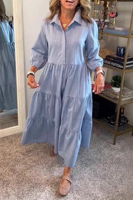 Vestidos casuales de corte A con cuello vuelto, volantes y botones de color liso