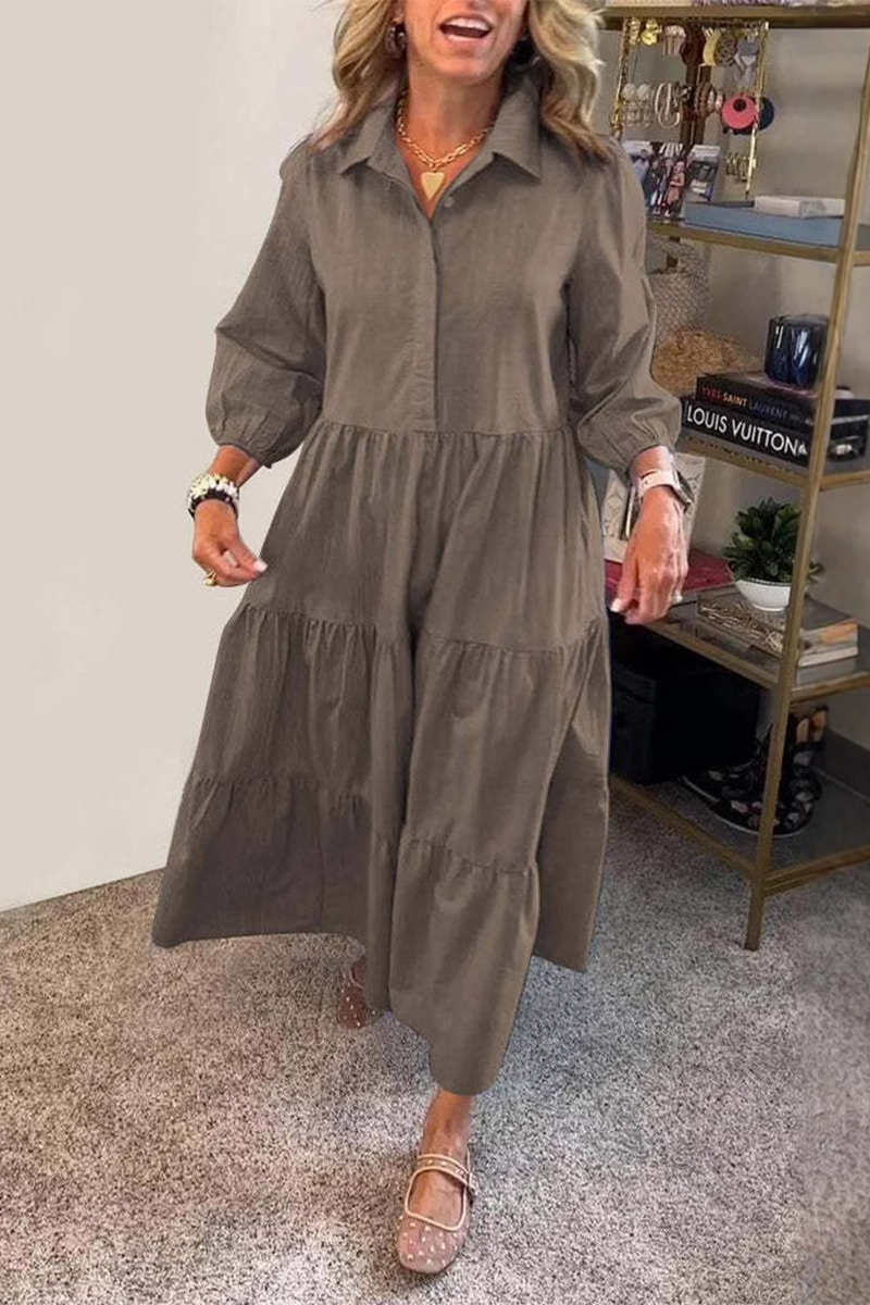 Vestidos casuales de corte A con cuello vuelto, volantes y botones de color liso