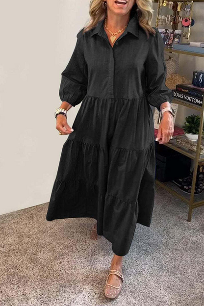 Vestidos casuales de corte A con cuello vuelto, volantes y botones de color liso