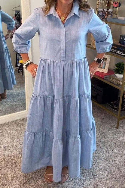 Vestidos casuales de corte A con cuello vuelto, volantes y botones de color liso