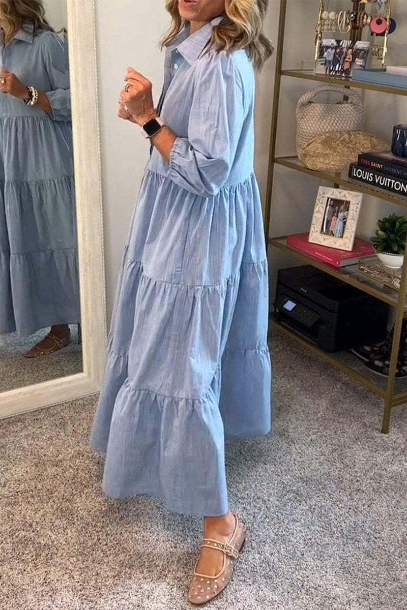 Vestidos casuales de corte A con cuello vuelto, volantes y botones de color liso