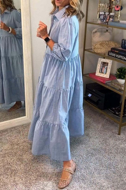 Vestidos casuales de corte A con cuello vuelto, volantes y botones de color liso