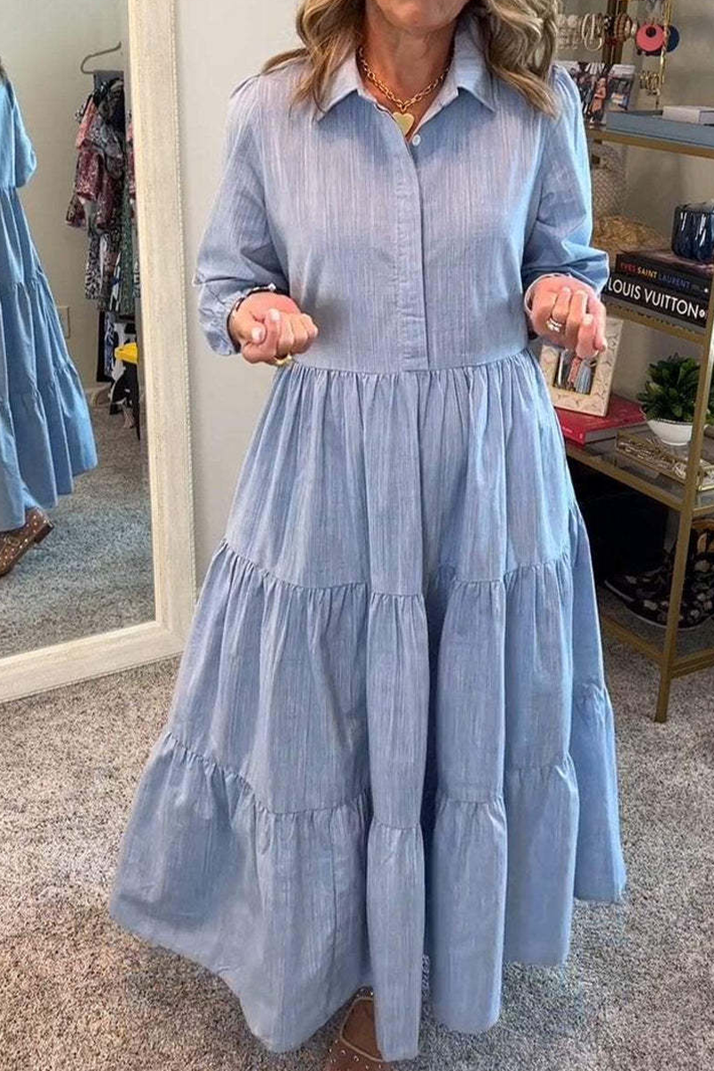 Vestidos casuales de corte A con cuello vuelto, volantes y botones de color liso