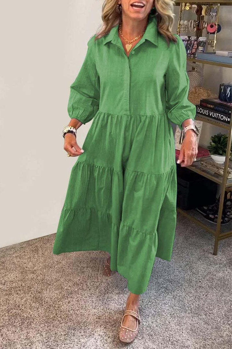 Vestidos casuales de corte A con cuello vuelto, volantes y botones de color liso
