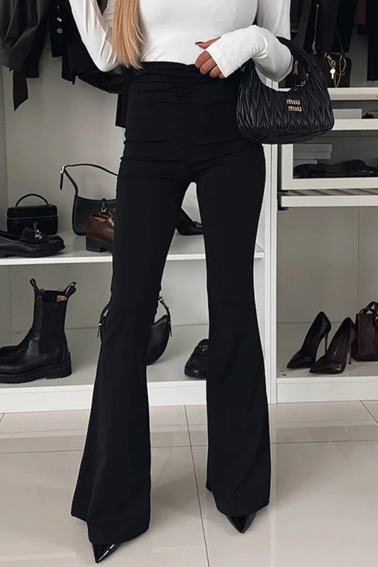 Elegante pantalón de cintura alta con fruncido y patchwork