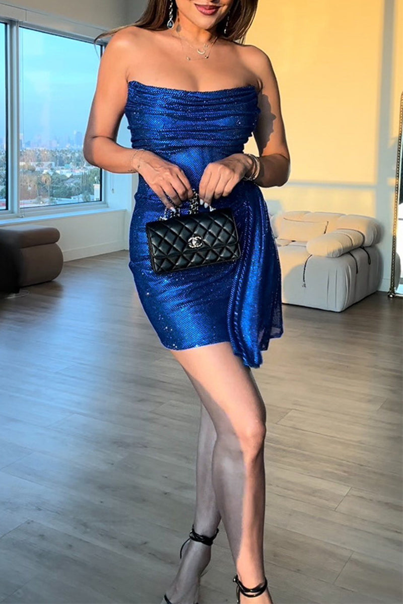 Vestidos sexys fruncidos con lentejuelas y sin tirantes