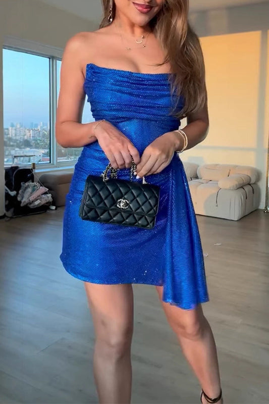 Vestidos sexys fruncidos con lentejuelas y sin tirantes