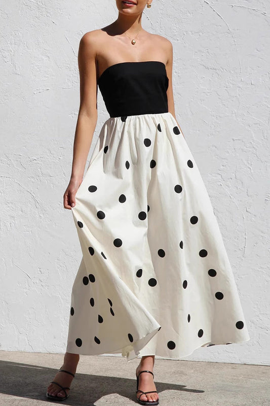 Vestidos sexis de vacaciones con lunares en contraste, sin tirantes y sin tirantes