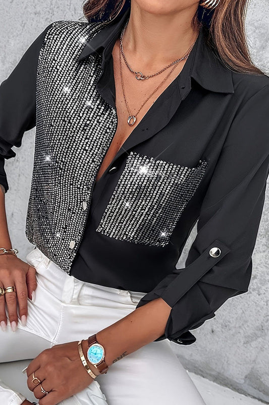 Blusas casuales con cuello vuelto, contraste y bolsillos con lentejuelas