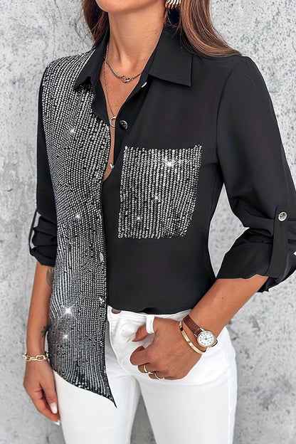 Blusas casuales con cuello vuelto, contraste, bolsillos y lentejuelas