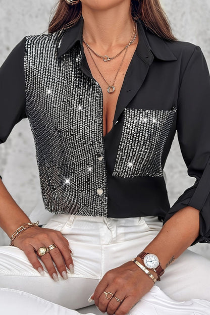 Blusas casuales con cuello vuelto, contraste y bolsillos con lentejuelas