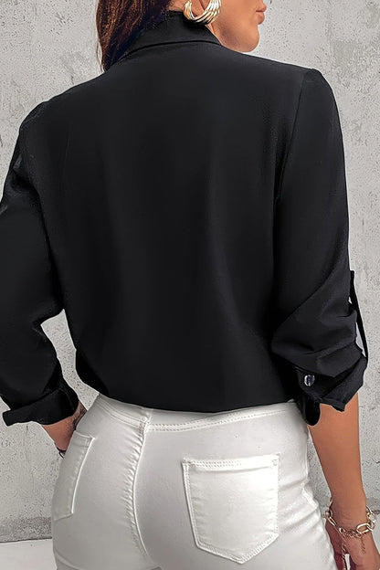 Blusas casuales con cuello vuelto, contraste, bolsillos y lentejuelas