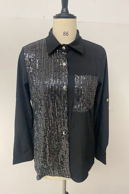 Blusas casuales con cuello vuelto, contraste, bolsillos y lentejuelas