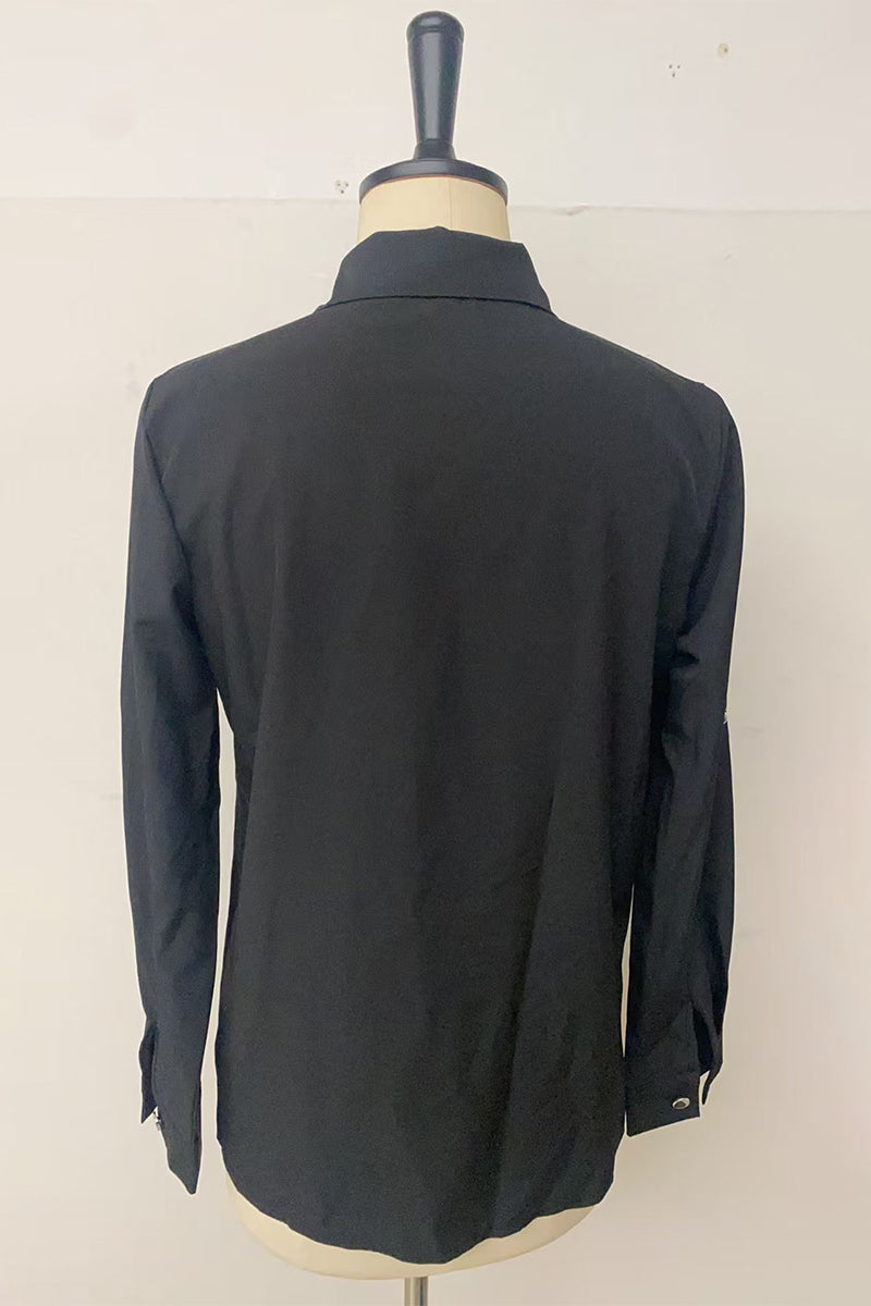 Blusas casuales con cuello vuelto, contraste, bolsillos y lentejuelas