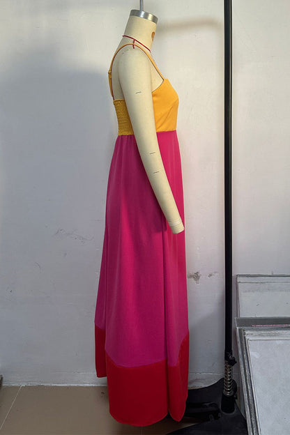 Vacation Elegant Colorblock Patchwork Contrast Square Neck Sling Dresses
