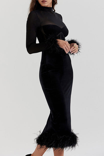 Vestido de falda cruzada de terciopelo con cuello redondo y dobladillo de plumas de malla sexy