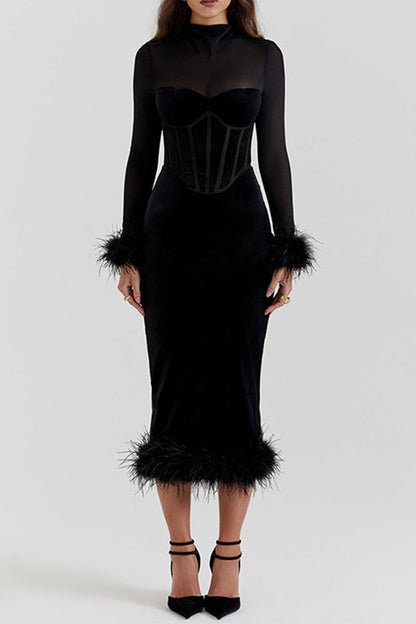 Vestido de falda cruzada de terciopelo con cuello redondo y dobladillo de plumas de malla sexy