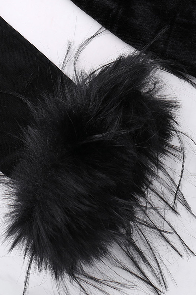 Vestido de falda cruzada de terciopelo con cuello redondo y dobladillo de plumas de malla sexy