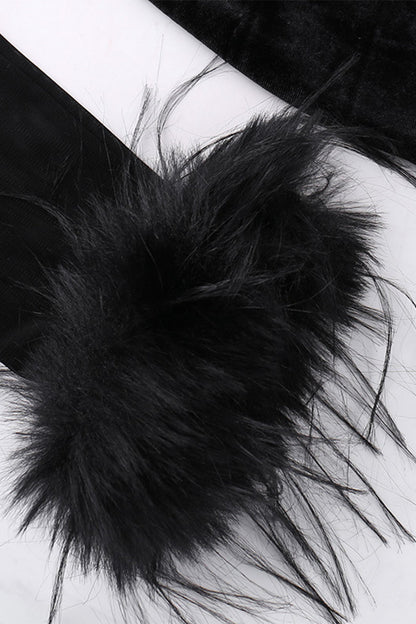 Vestido de falda cruzada de terciopelo con cuello redondo y dobladillo de plumas de malla sexy