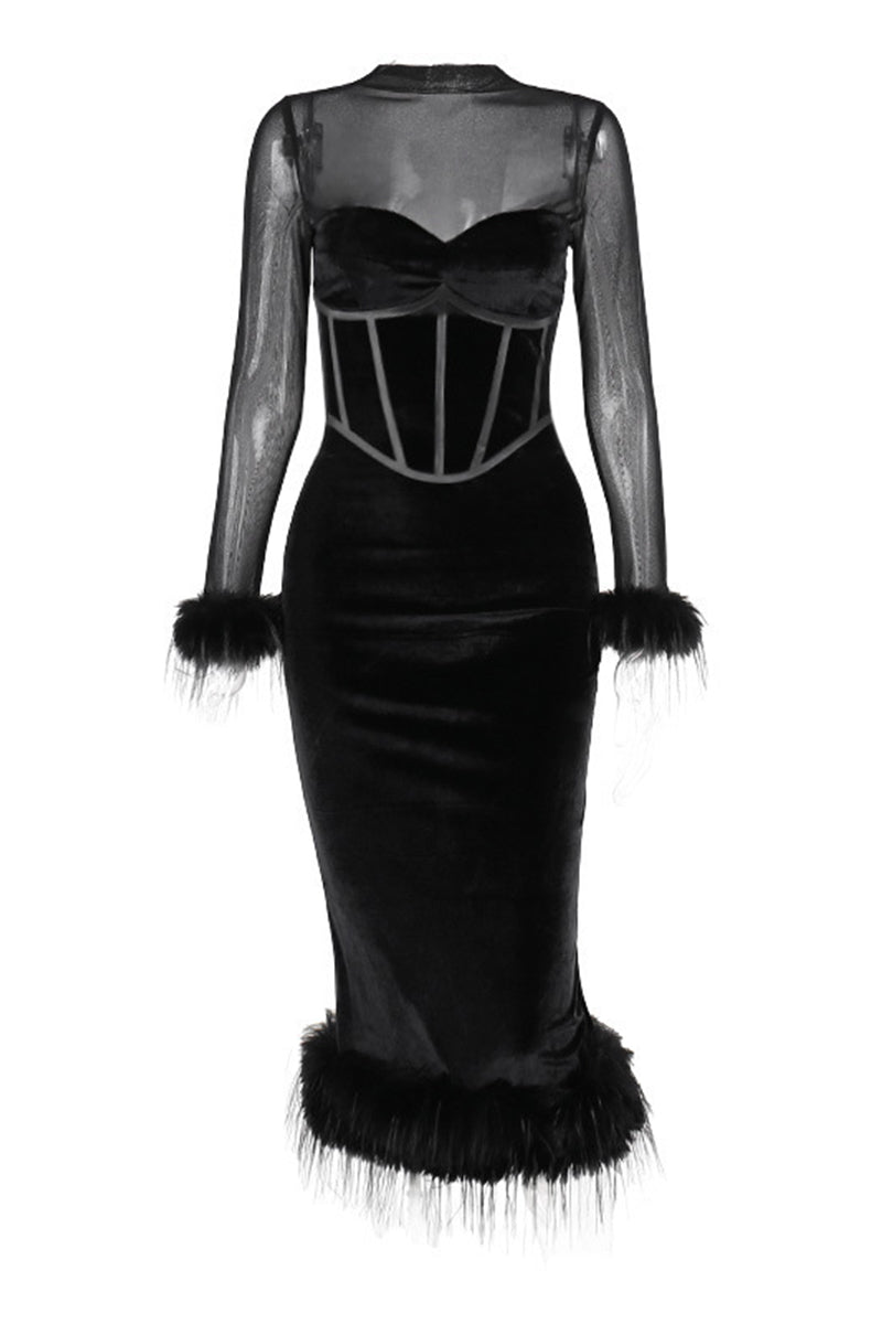 Vestido de falda cruzada de terciopelo con cuello redondo y dobladillo de plumas de malla sexy
